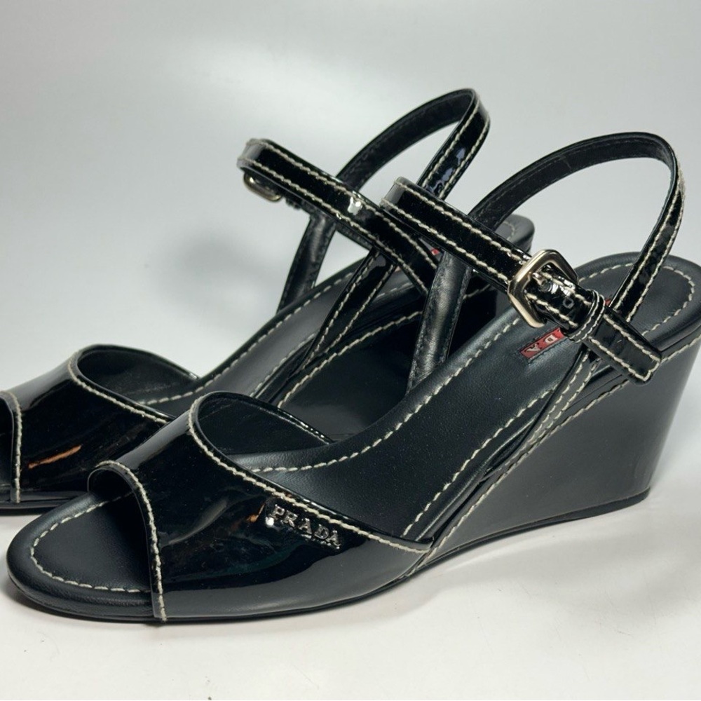 Prada Glossy Black Patent Leather Wedge Sandals Brand New In Box Size 40 /US 9.5 - Picture 6 of 11
